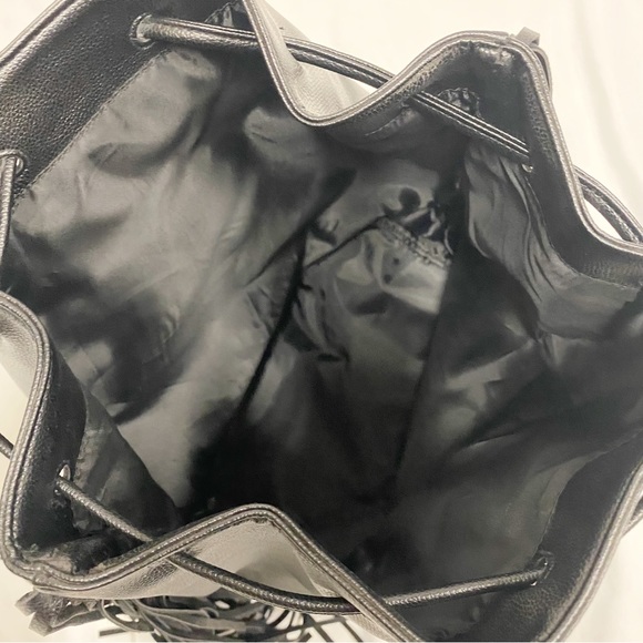 Victoria’s Secret Black Fringe Bohemian Festival Backpack Bucket Drawstring Bag - Picture 6 of 8